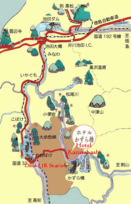 Map to Hotel Kazurabashi on Shikoku Island