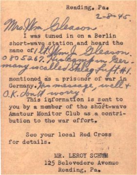 Short wave listener postcard to POW family during WWII