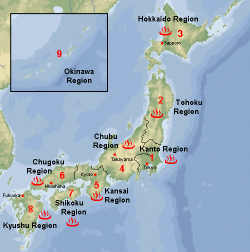 Japanese Guest Houses - Hot Spring Map of Japan and List of Hot Springs in Japan