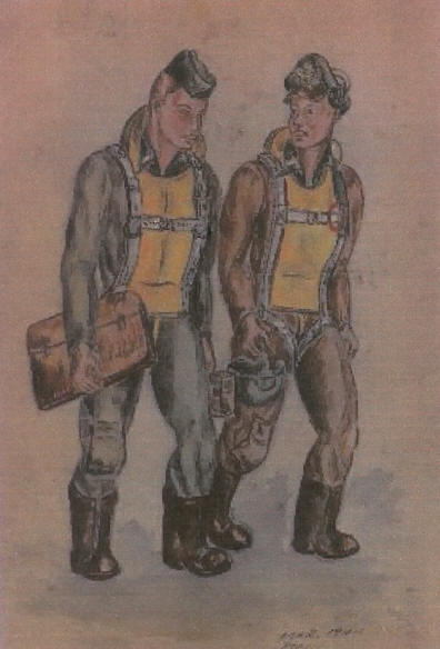 Drawing of  World War II Bombardier and Pilot - water color